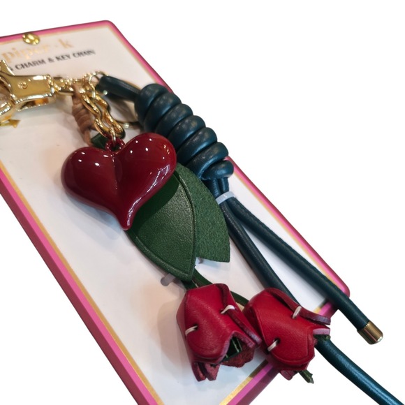 Piper K bag charm and keychain features a red heart and green leather tulips. - Picture 2 of 5